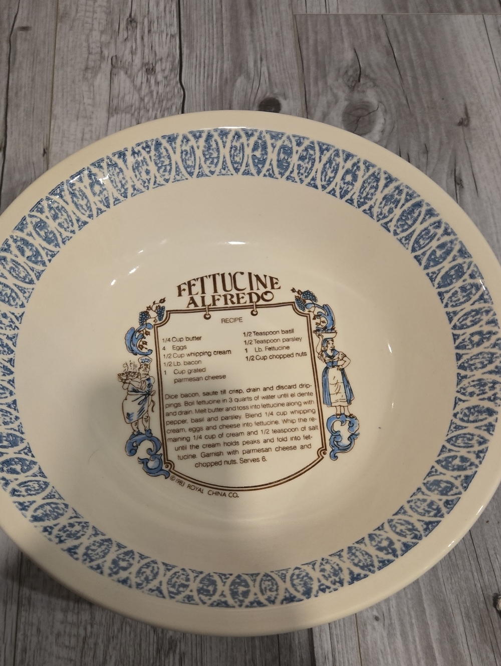 Vintage 1983 Royal China Co Fettuccine Alfredo Recipe Pasta Serving Bowl